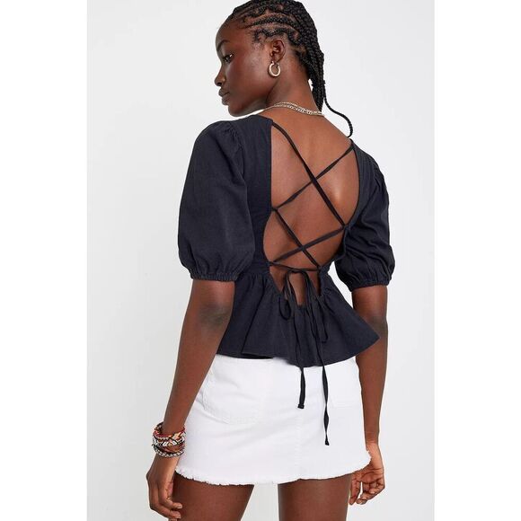 Urban Outfitters Black Rosaleen Strappy Tie Open Back Peplum Top SZ Small - Picture 9 of 9
